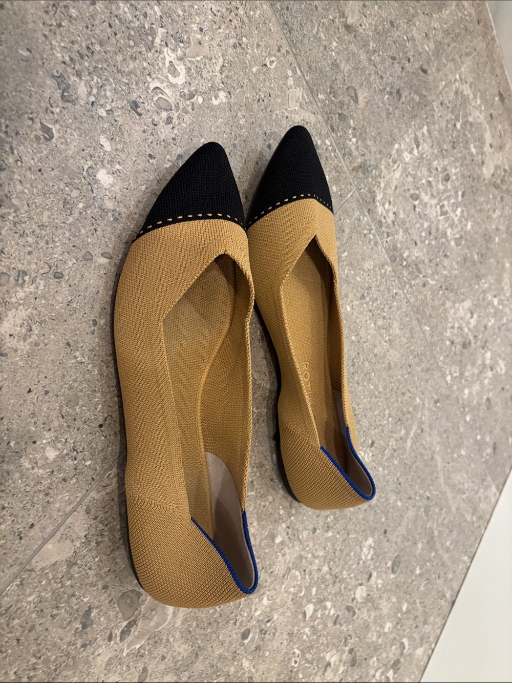 Rothy’s Two-Tone Pointed Toe Flats in beige and Black - Picture 2 of 4